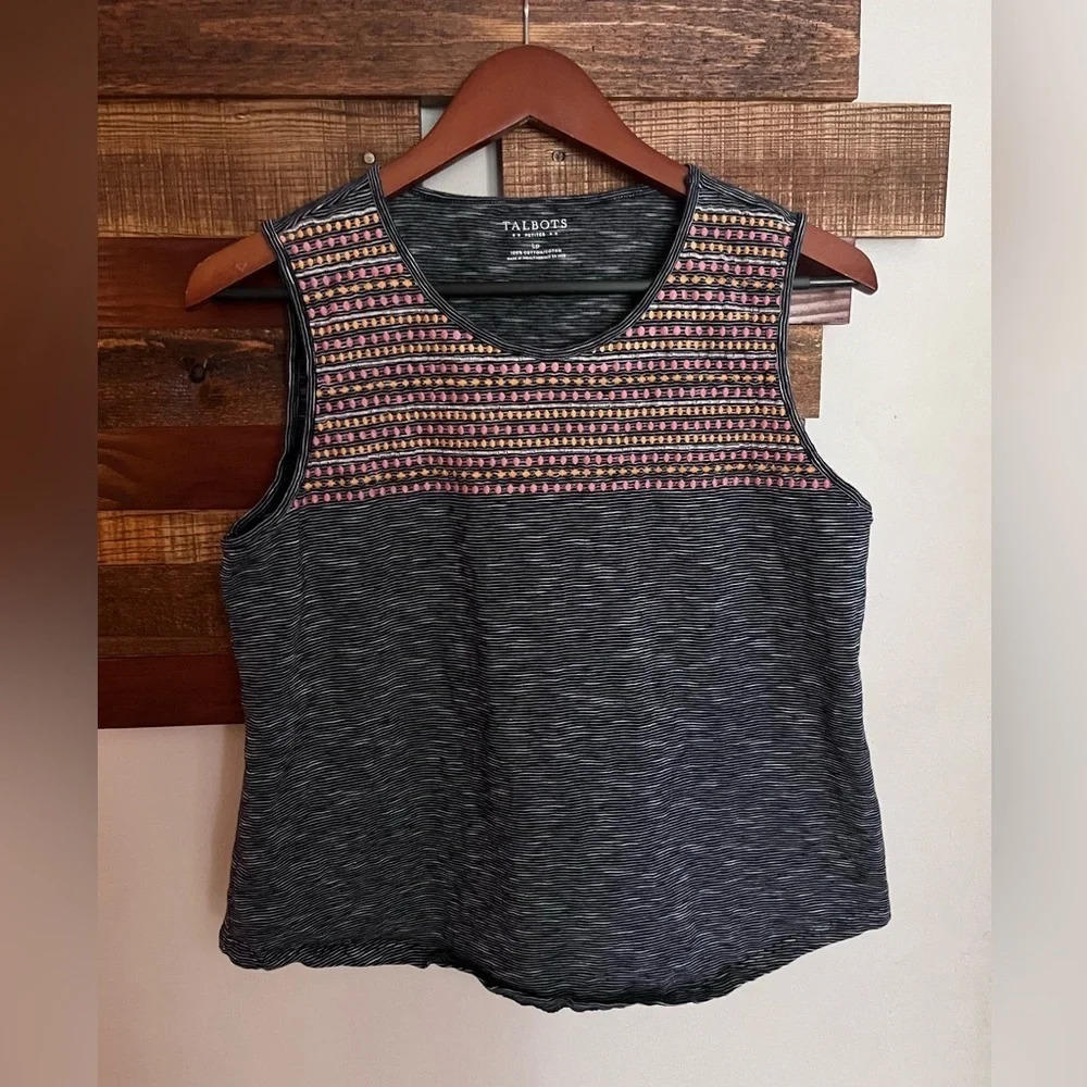 Talbots women’s tank sleeveless blouse Large Petite embroidered striped summer